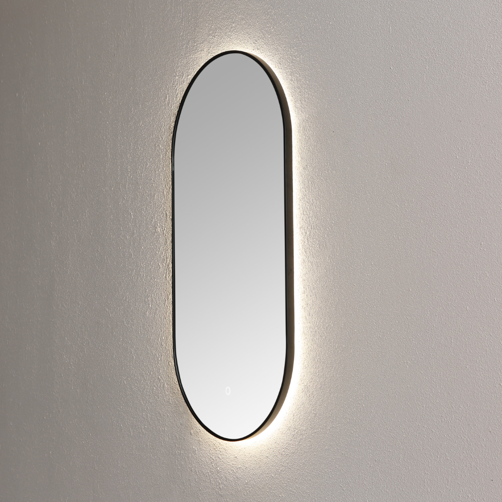 Spiegel ambiance ovaal Mat Zwart met indirecte LED verlichting, 3 kleur instelbaar & dimbaar incl. spiegelverwarming