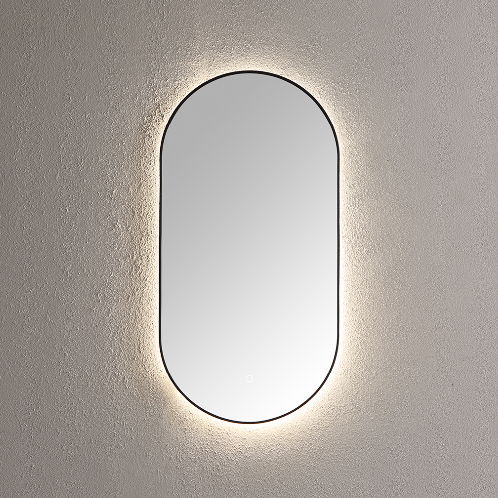 Spiegel ambiance ovaal Mat Zwart met indirecte LED verlichting, 3 kleur instelbaar & dimbaar incl. spiegelverwarming
